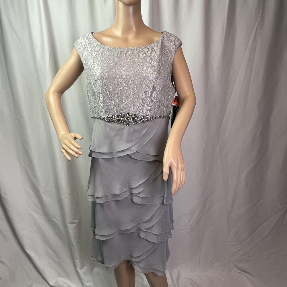 Jessica Howard Dress Womens Size 12 Silver Lace Tiered Sheath Rhinestone Waist